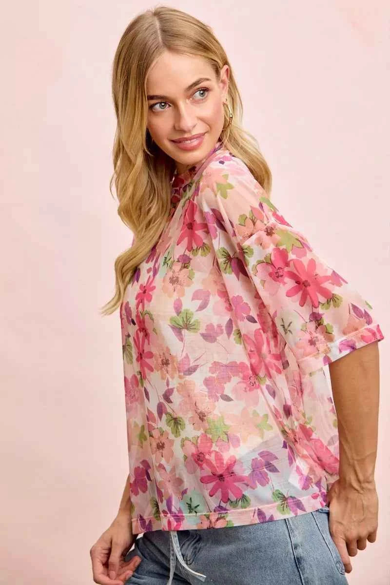 BiBi Floral Print Short Sleeves Boxy Mesh Top