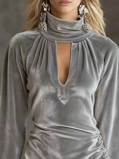 Full Size Velvet Ruched Flounce Sleeve Mini Dress Plus Size