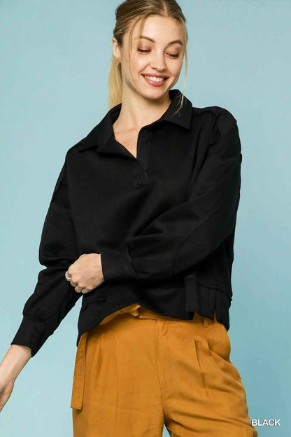 Umgee Collared Neck Long Sleeve Top with Raw Hem Detail