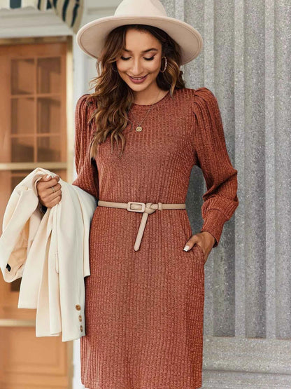 Ribbed Knit Puff Sleeve Casual Mini Dress