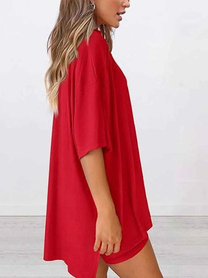 Full Size Oversized Round Neck Top and Shorts Set Plus Size