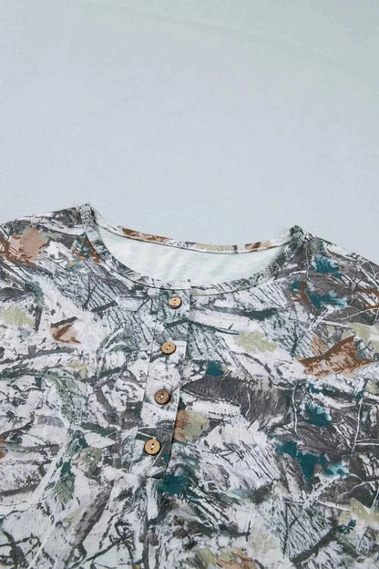 Abstract Woodland Print Tunic Henley T Shirt