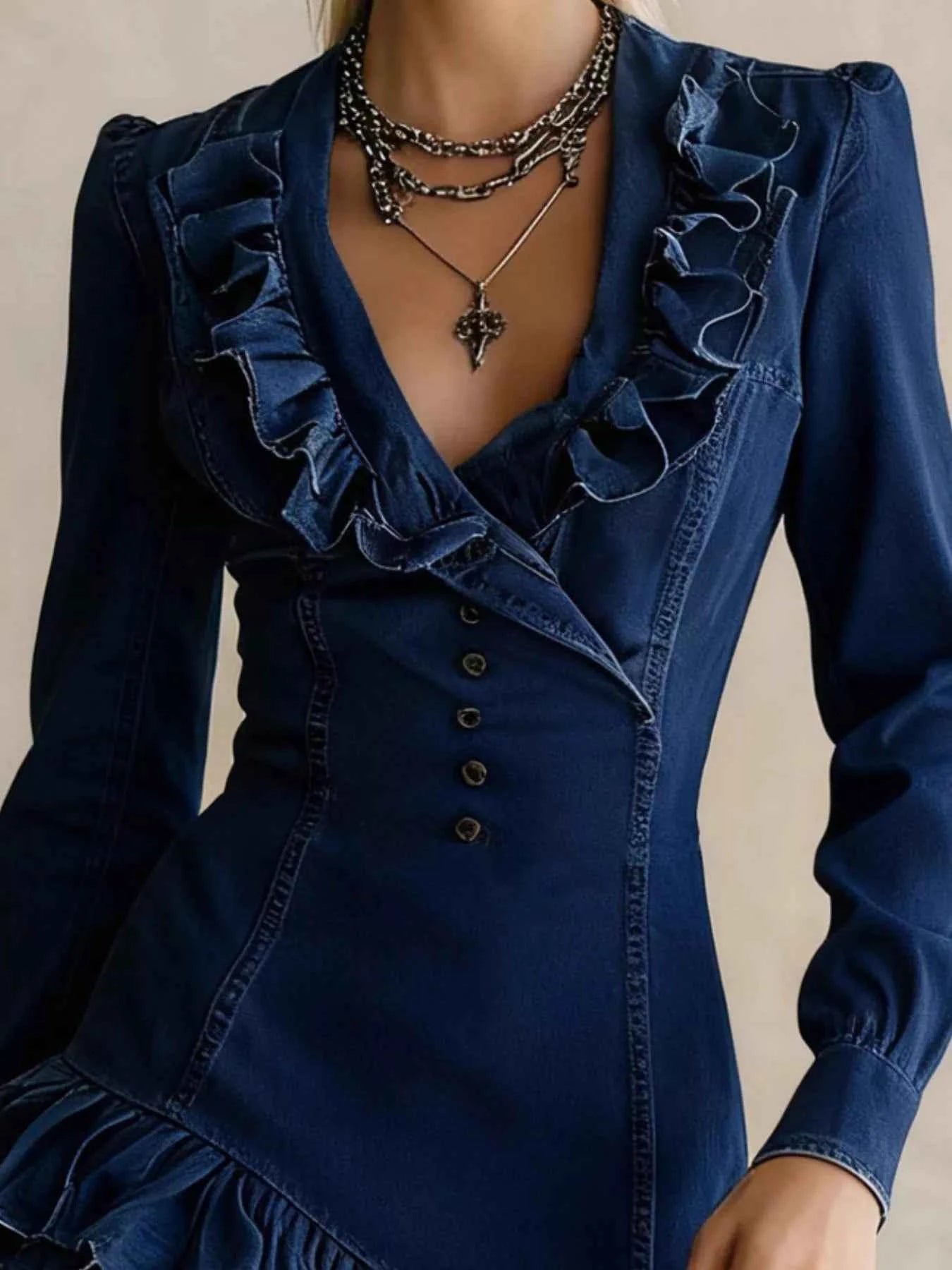 Full Size Ruffled High-Low Denim Dress Plus Size