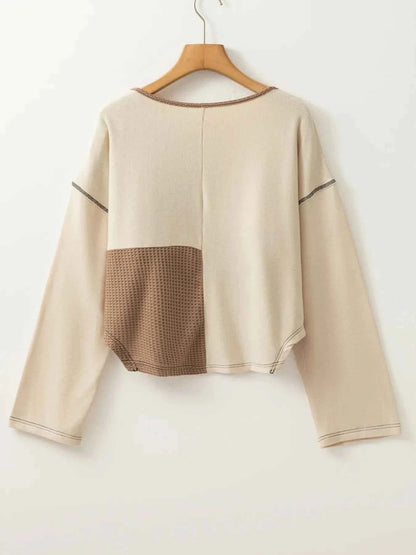 Color Block Waffle Knit Stitch Detail Long Sleeve Top
