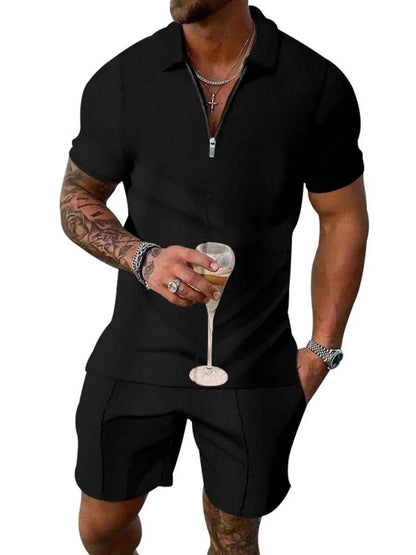 Men's Plus Size Zip Up Short Sleeve Top and Shorts Set