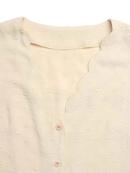 Swiss Dot Ruffled Button-Down Shirt
