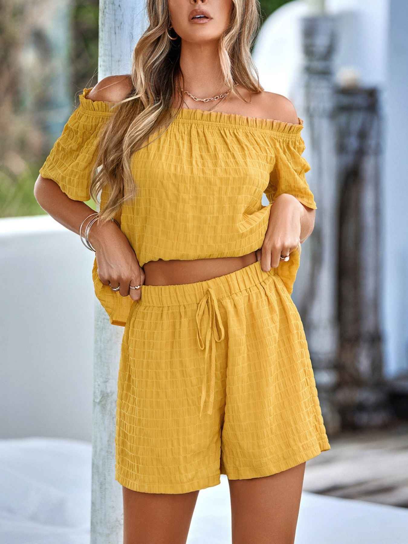 Off-Shoulder Short Sleeve Top and Shorts Set
