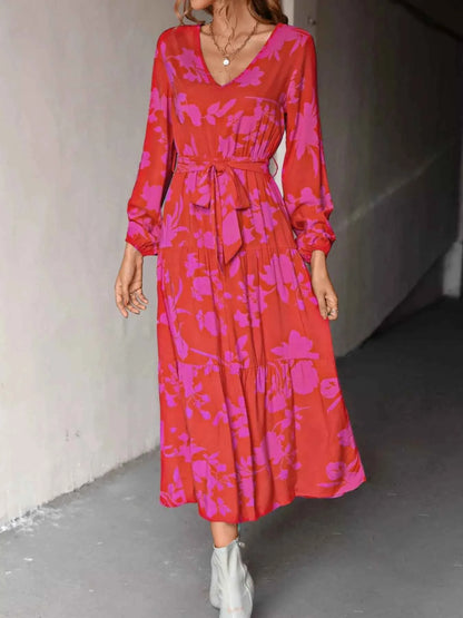 Printed V-Neck Balloon Sleeve Dress