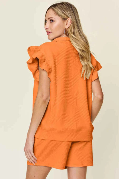 Double Take Full Size Texture Flounce Sleeve Top and Drawstring Shorts Set