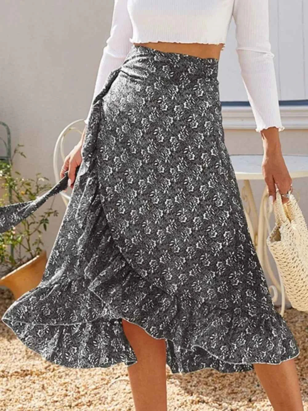 Printed Ruffled Midi Skirt