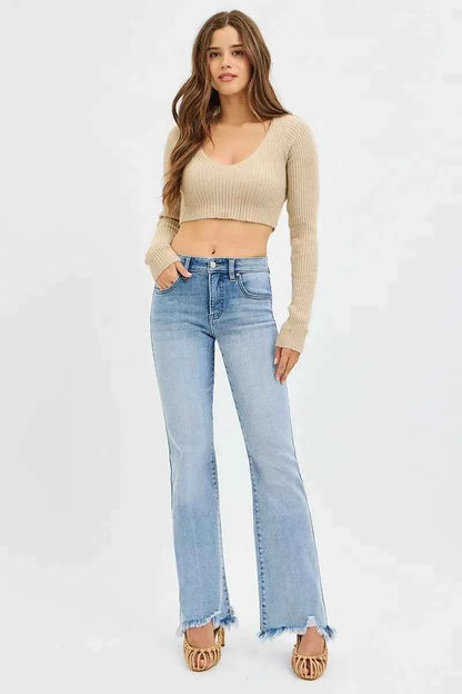 RISEN Full Size Tummy Control Mid Rise Flare Jeans with Fray Hem Detailed Plus Size