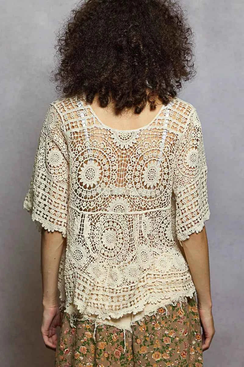 POL V-Neck Crochet Top with Scalloped Hem