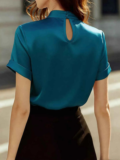 Keyhole Neck Satin Short Sleeve Blouse