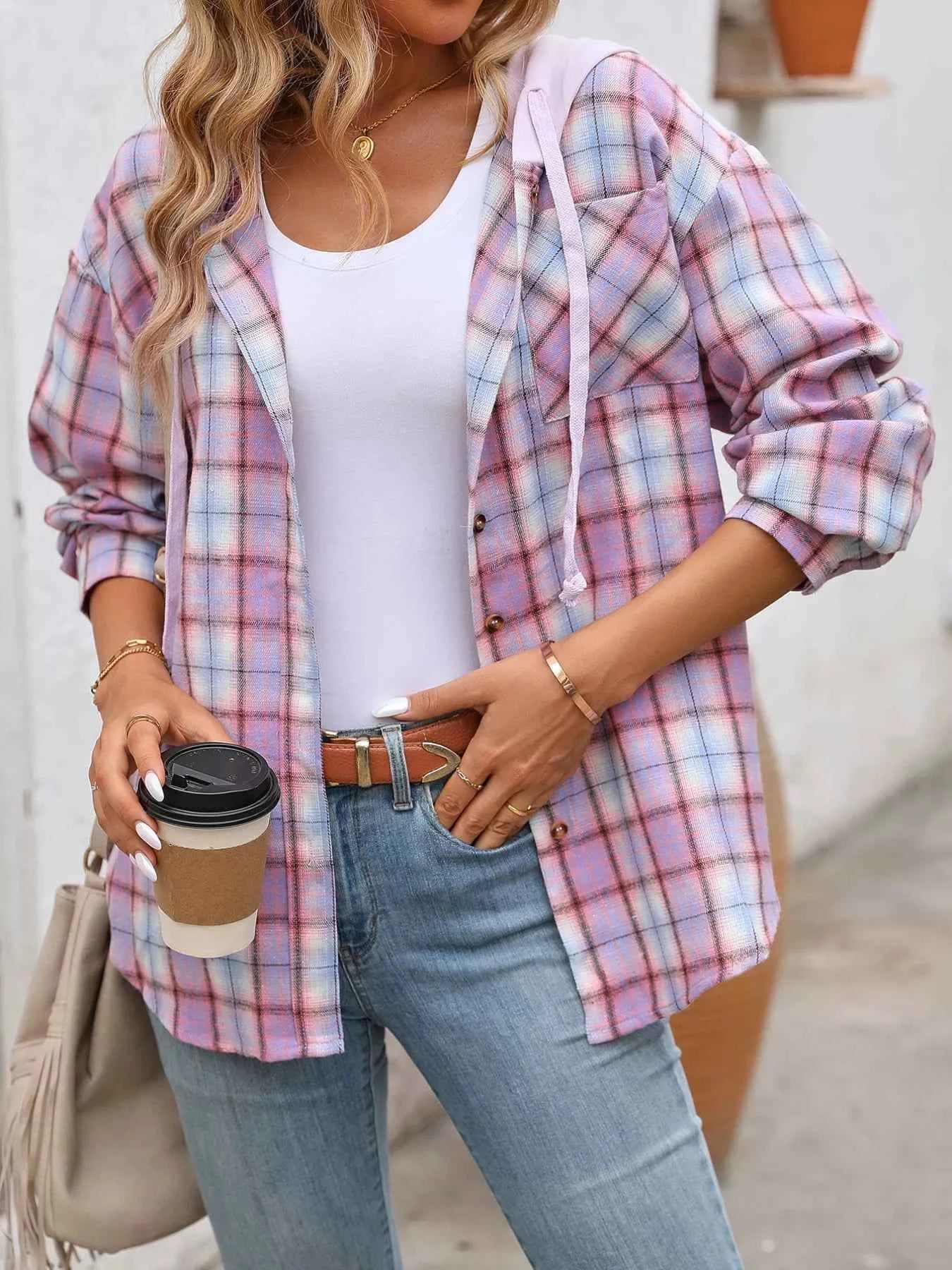 Plaid Button-Up Hooded Shirt with Chest Pocket