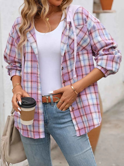 Plaid Button-Up Hooded Shirt with Chest Pocket