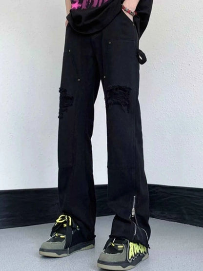 Men's Distressed Raw Hem Wide Leg Jeans