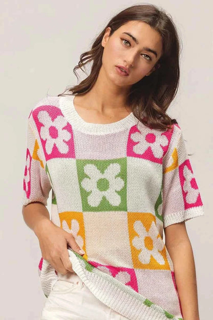BiBi Flower Checker Pattern Lightweight Sweater Top