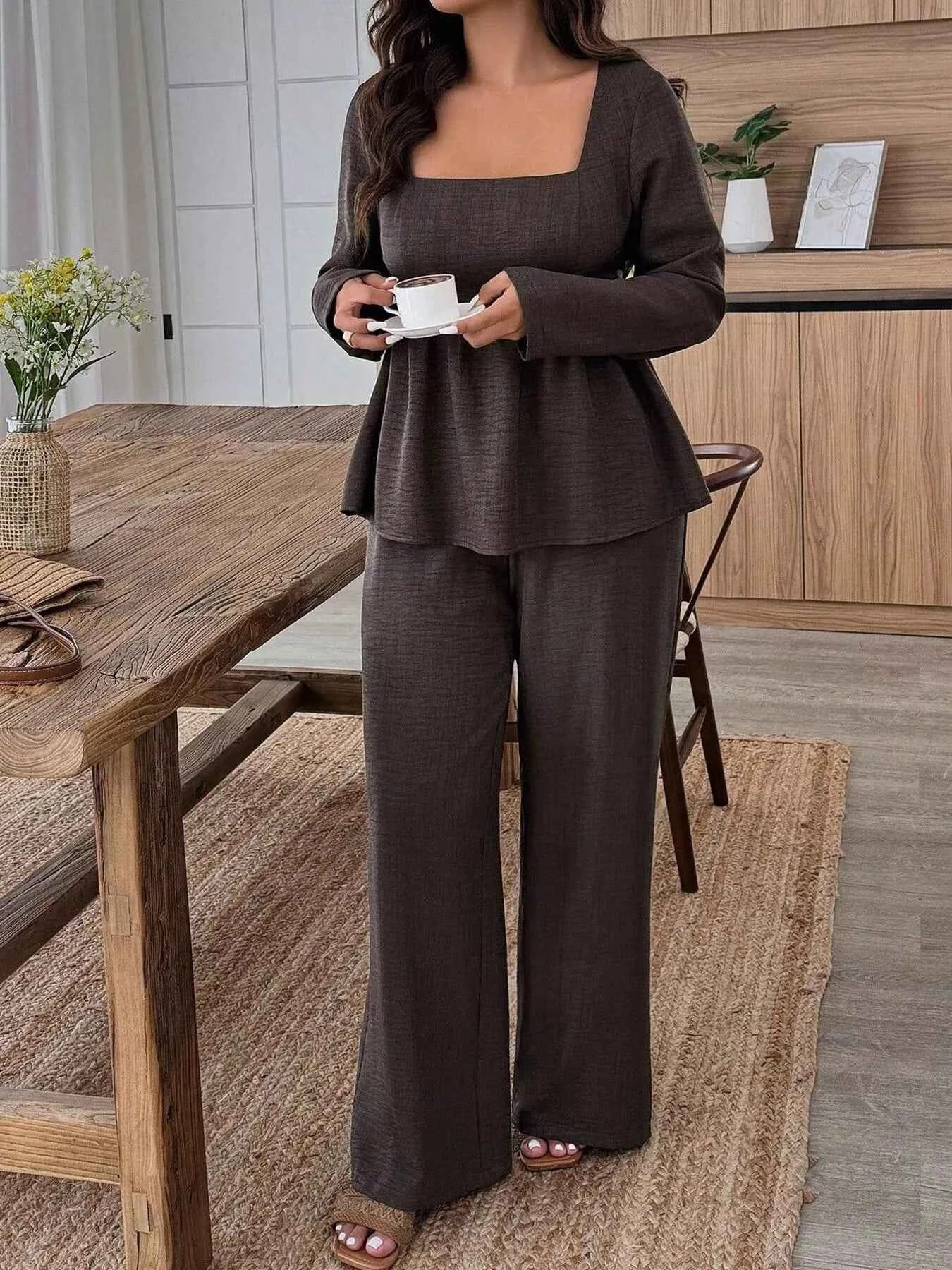 Plus Size Square Neck Long Sleeve Top and Pants Two-Piece Set