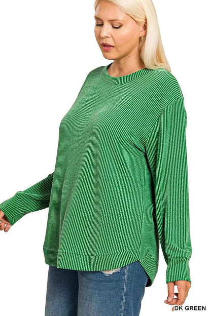 Zenana Full Size Raised Rib Round Neck Long Sleeve Top Plus Size