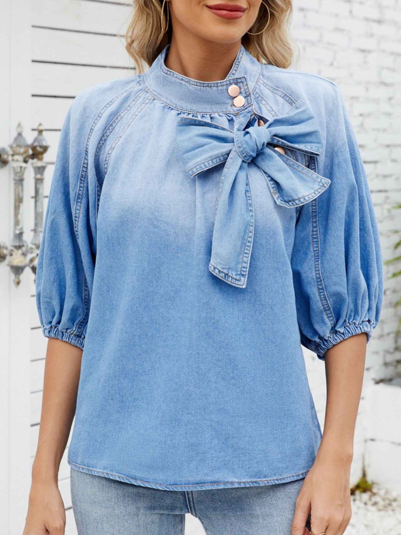 Bow Accent Puff Sleeve Denim Top