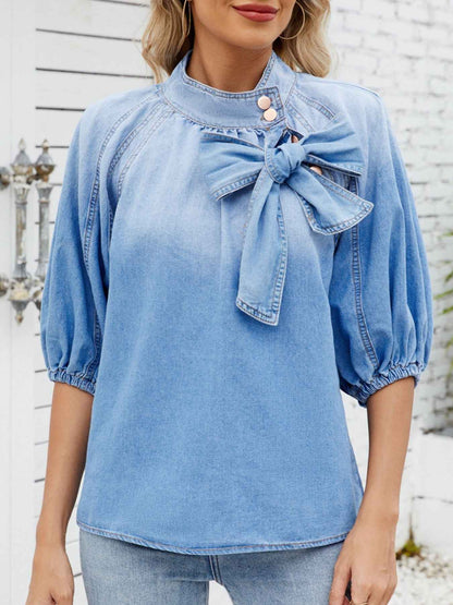 Bow Accent Puff Sleeve Denim Top
