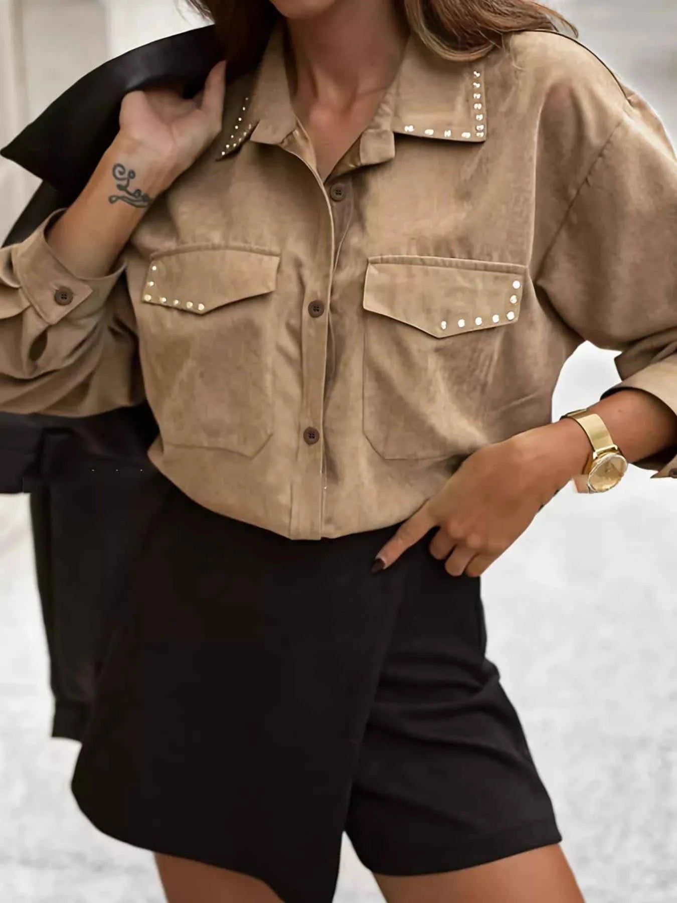 Studded Button Up Shirt with Chest Pockets