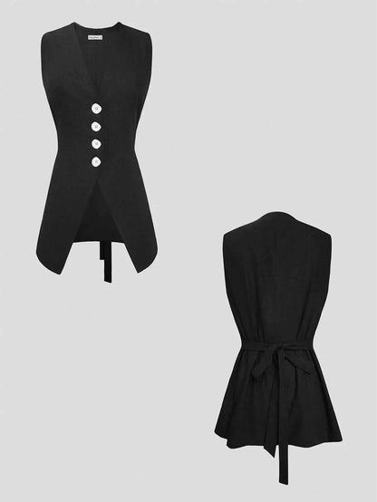 V-Neck Button Detail Vest and Skirt Two-Piece Set