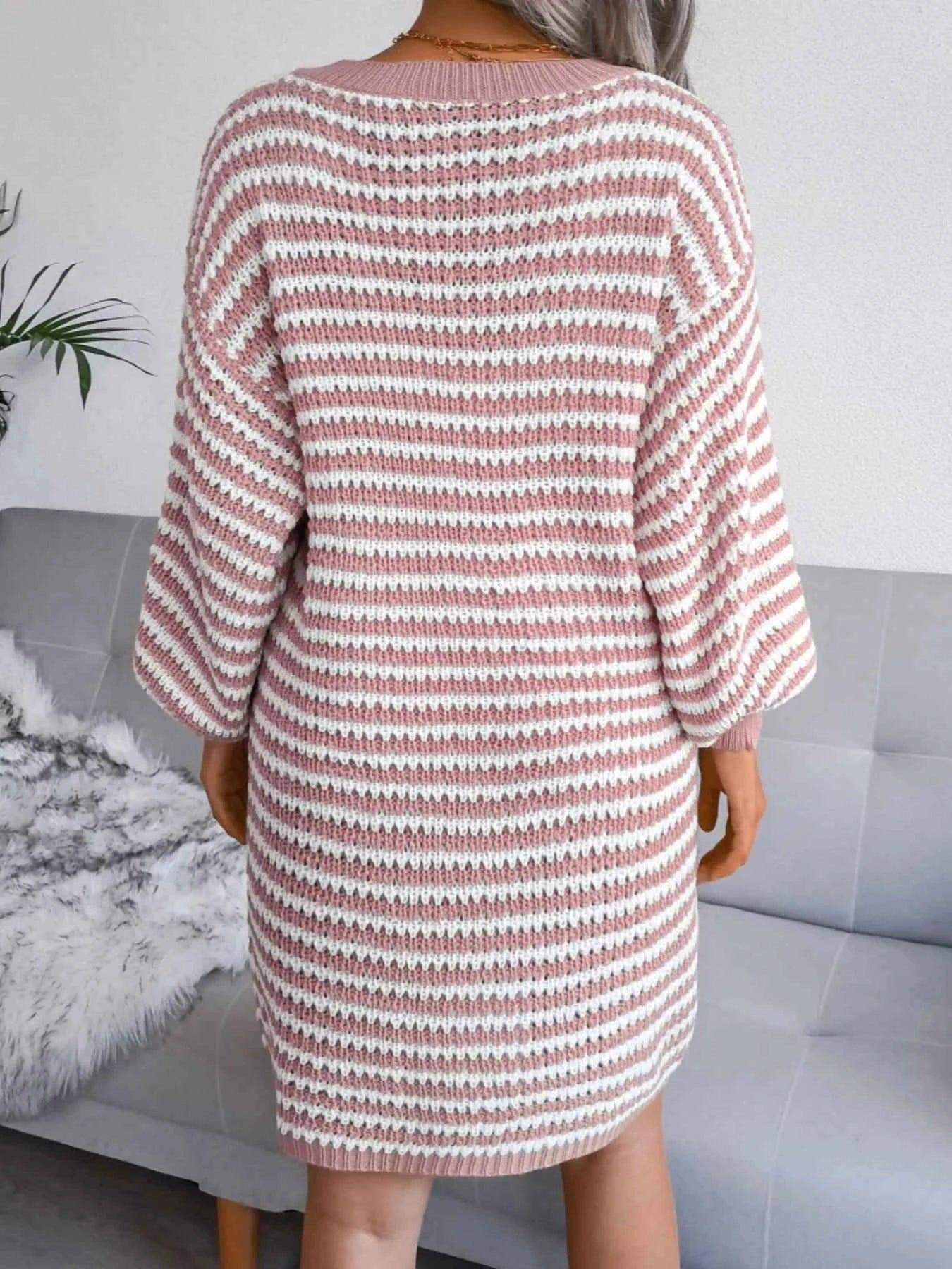 Striped V-Neck Long Sleeve Sweater Dress