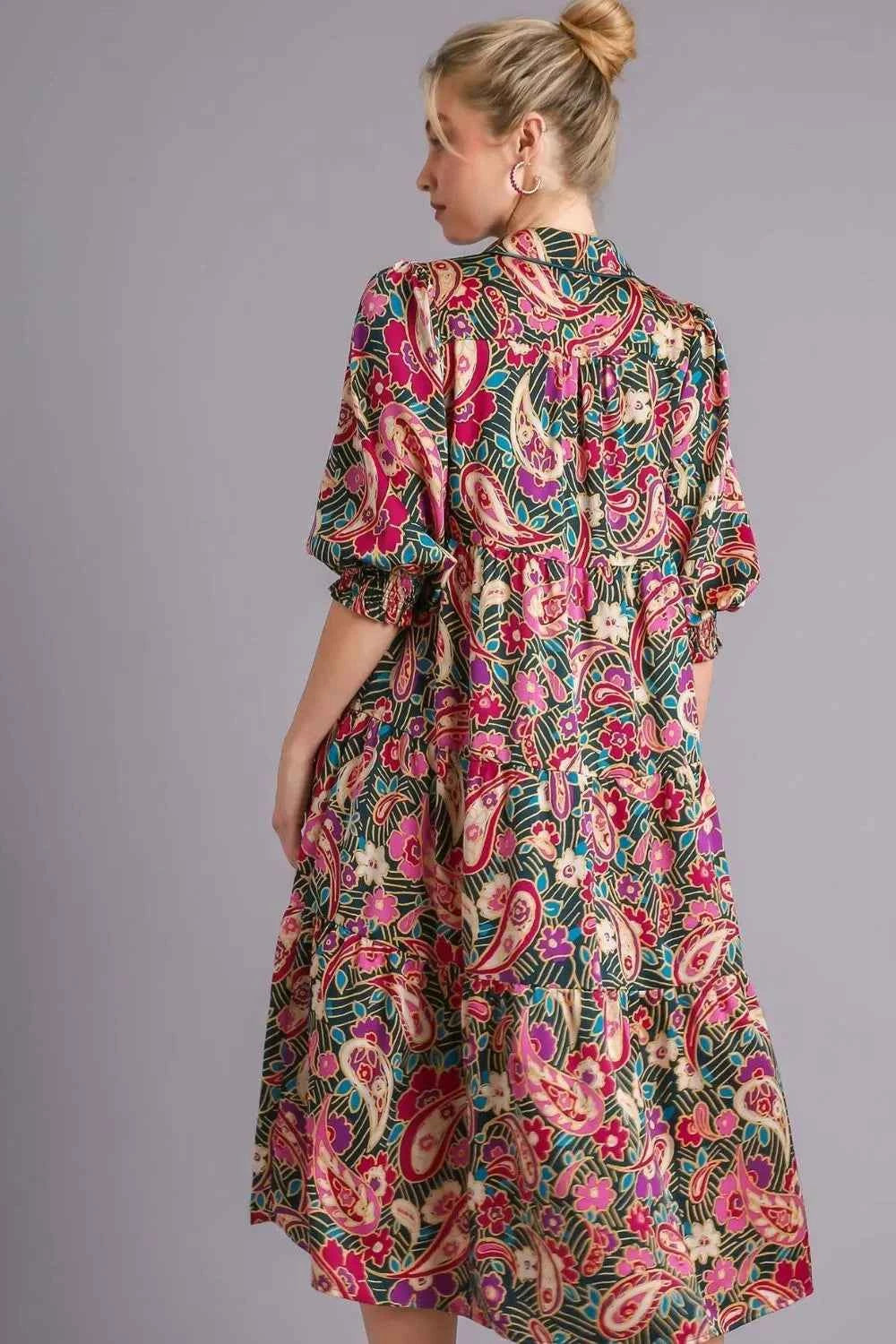 Umgee Full Size Paisley Print Satin Tiered Midi Dress Plus Size