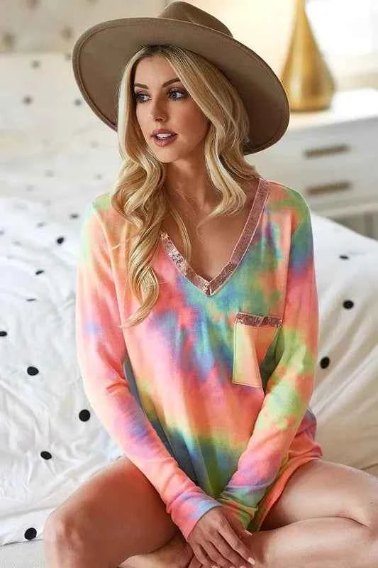 BiBi Tie Dye V-neck Terry Knit Top With Sequins
