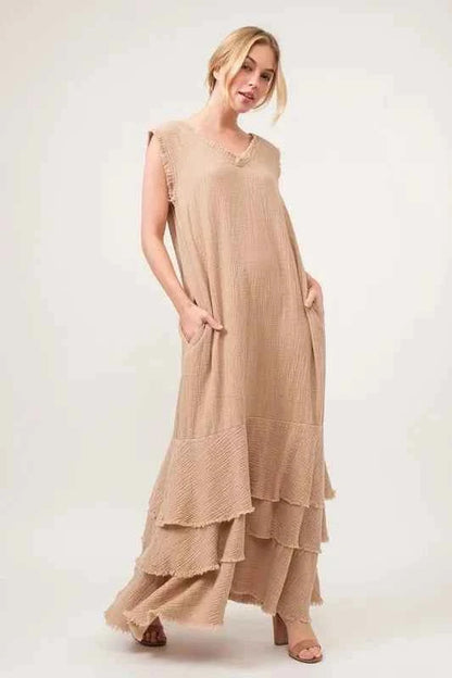 And The Why Washed Cotton Gauze Fringe Detail Tiered Dress