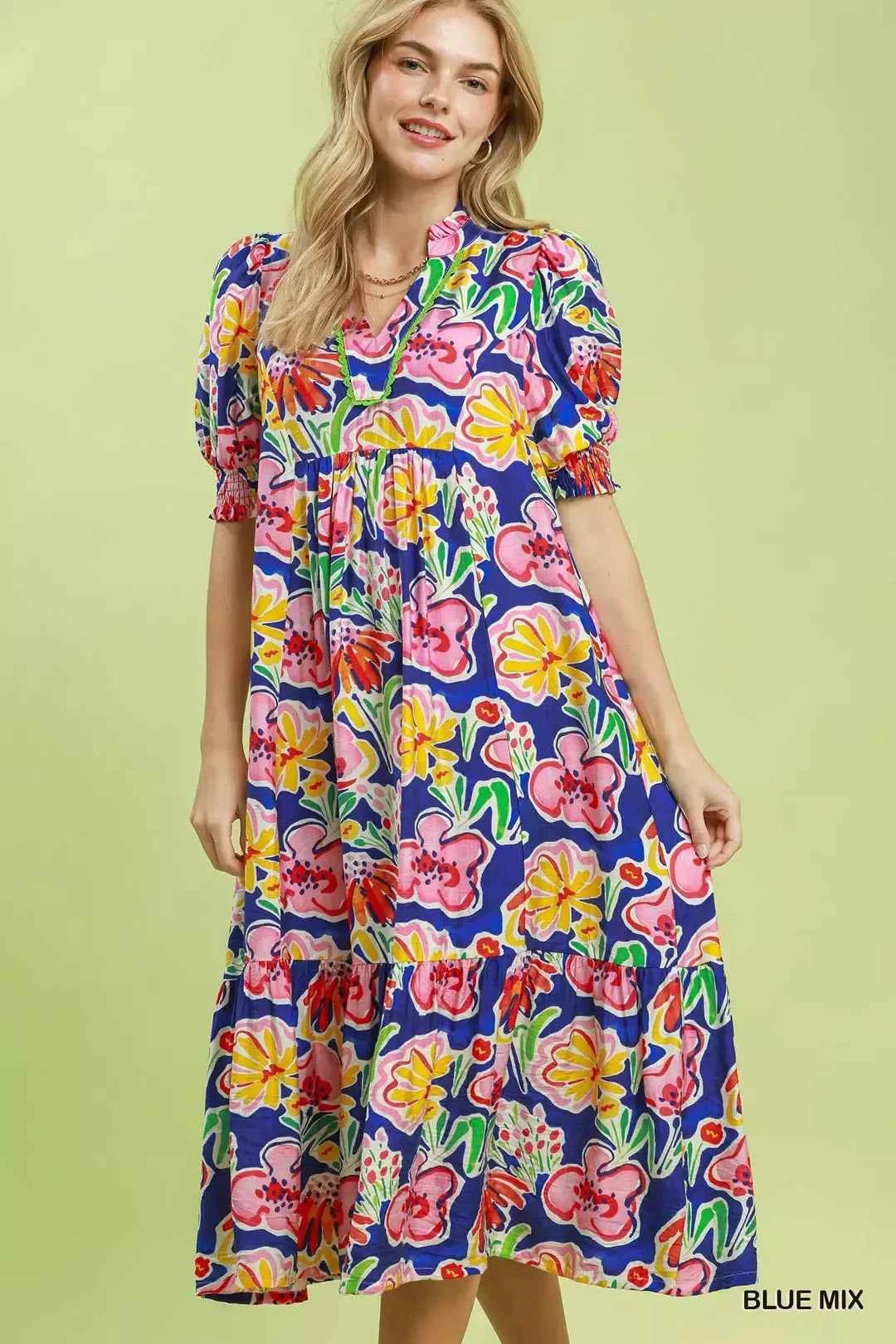 Umgee Floral Print Puff Sleeve Tiered Midi Dress