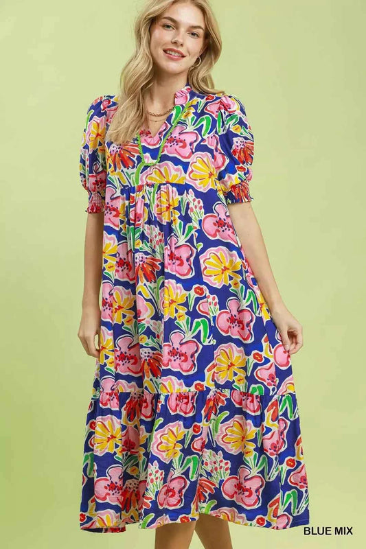 Umgee Floral Print Puff Sleeve Tiered Midi Dress