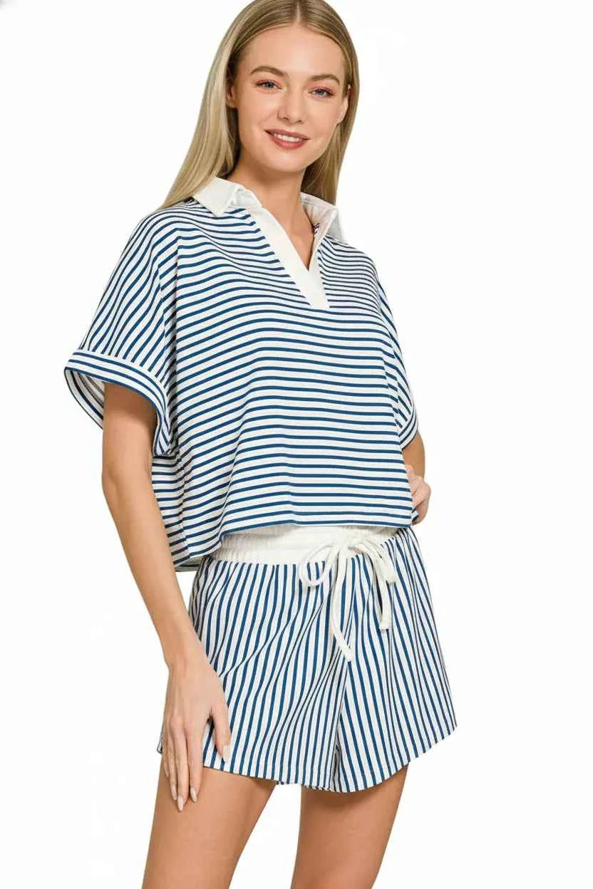 Zenana Striped Collared Top & Shorts Set