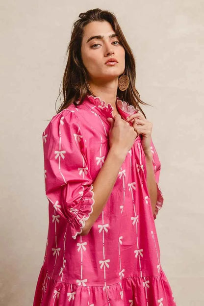 BiBi Ribbon Patterns With Scallops Edge Details Short Sleeve Dress