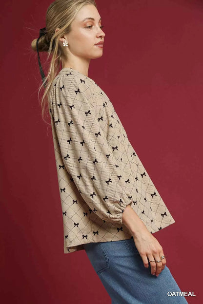 Umgee Corduroy Bow Print Balloon Sleeve Blouse
