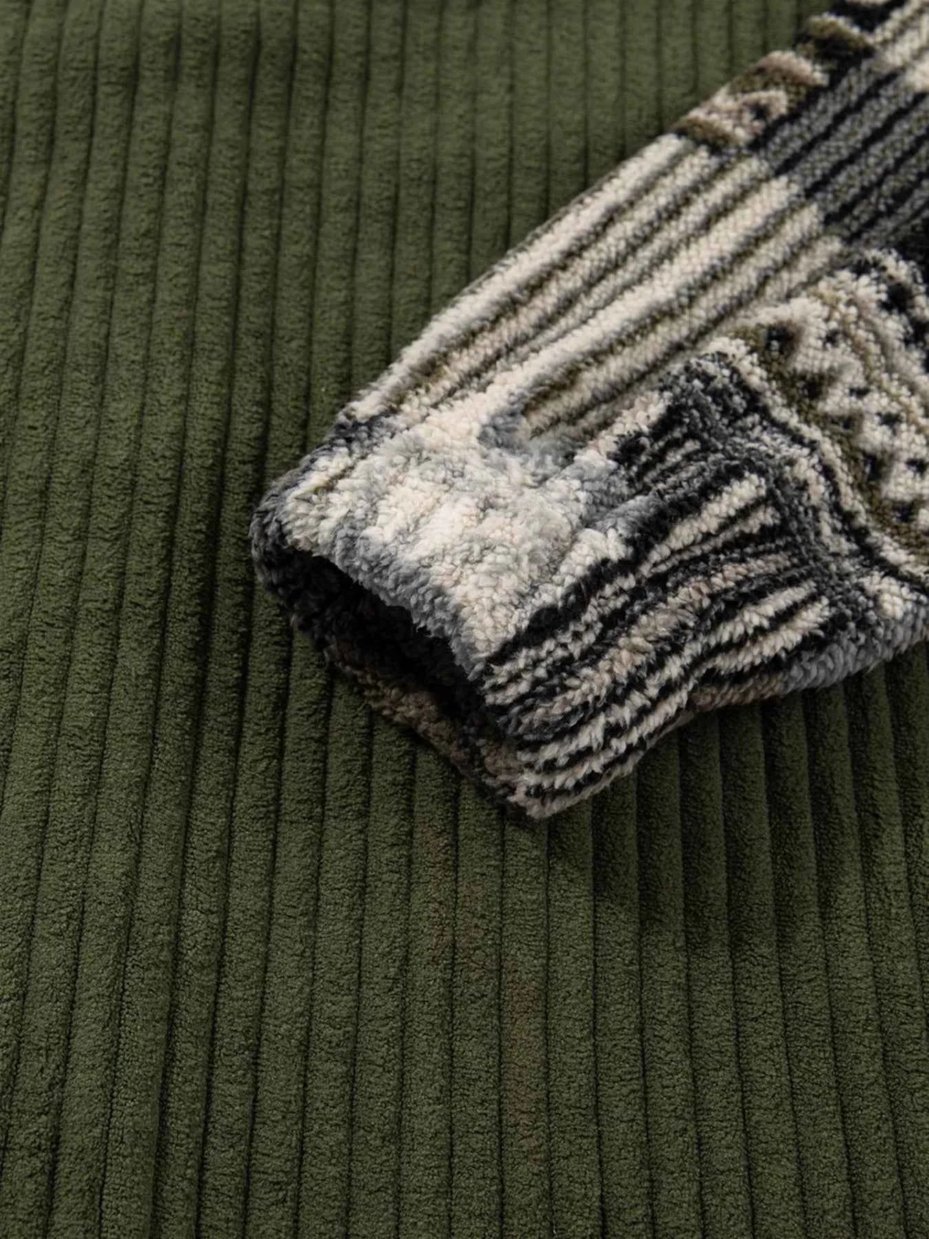 Ribbed Fleece Plaid Print Patchwork Button Up Jacket