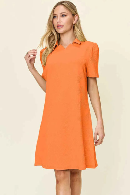 Double Take Full Size Texture Collared Neck Short Sleeve Dress