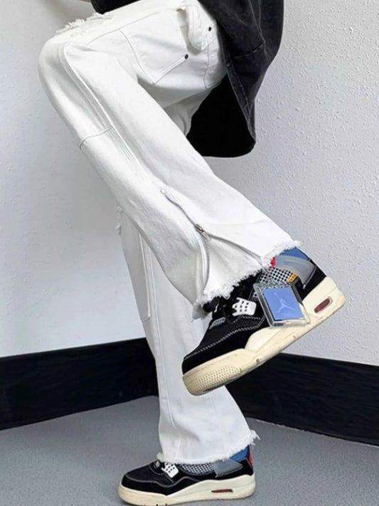 Men's Distressed Raw Hem Wide Leg Jeans