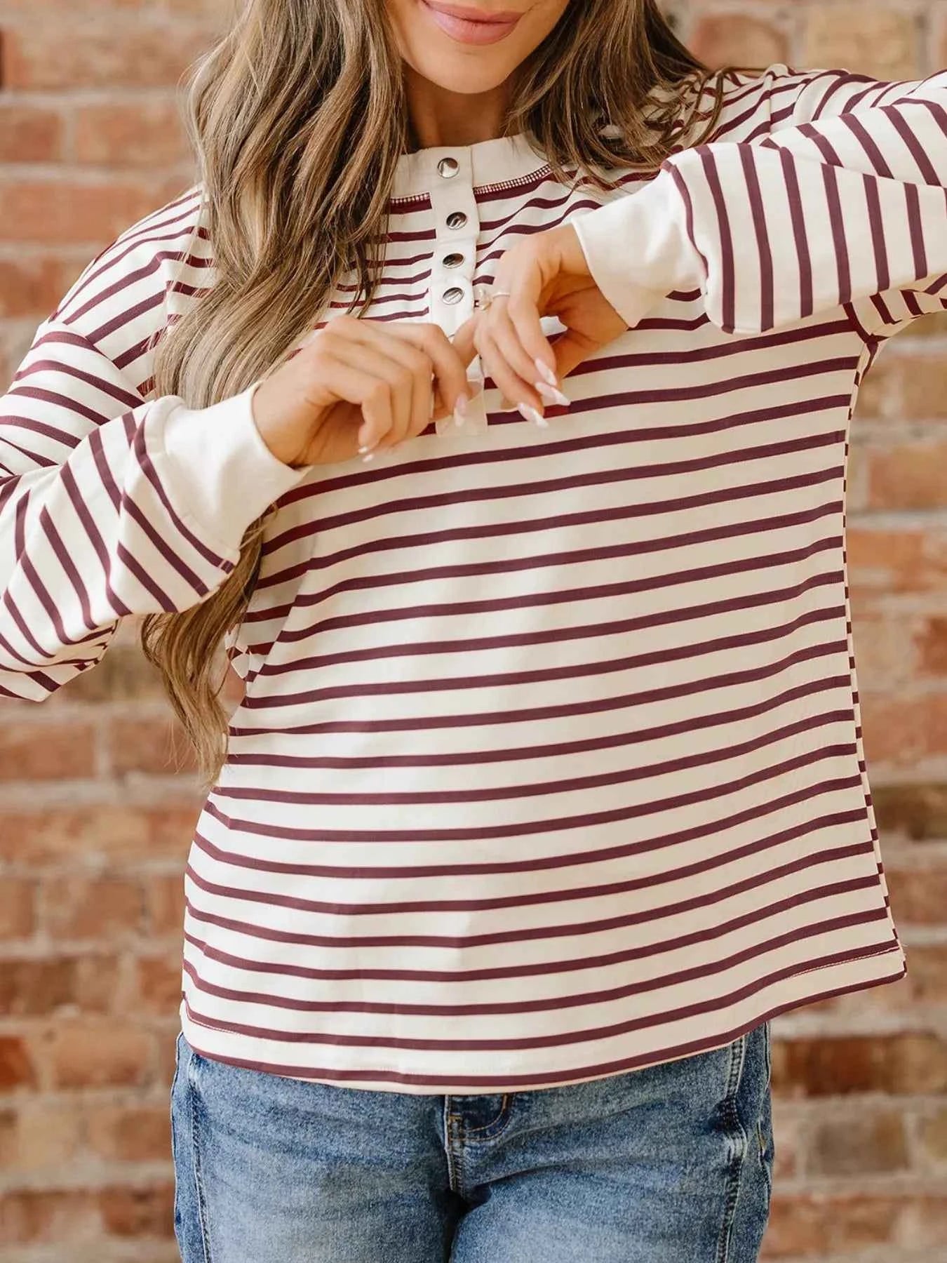 Striped Drop Shoulder Long Sleeve Henley Top