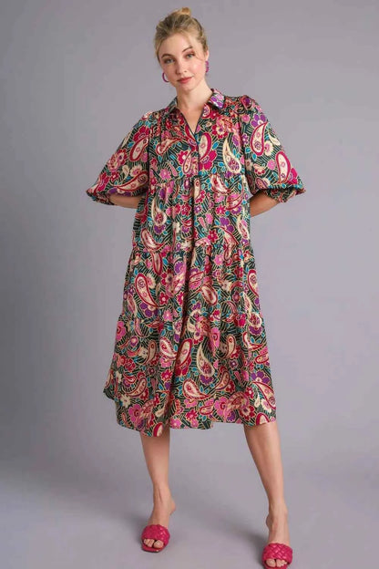 Umgee Full Size Paisley Print Satin Tiered Midi Dress Plus Size