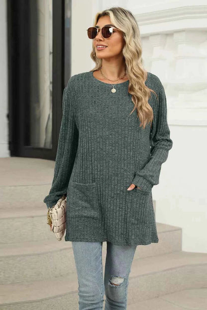 Long Sleeve Ribbed Knit Top with Front Pockets