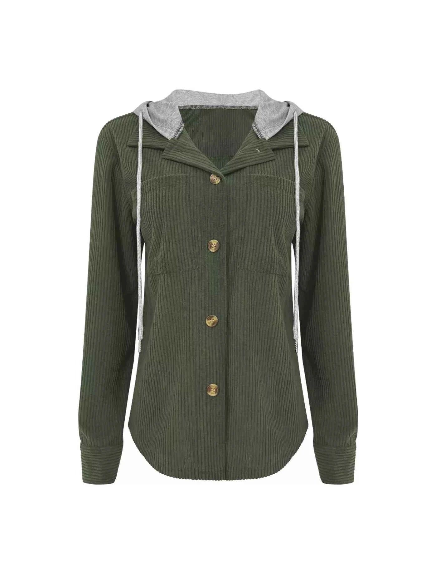 Plus Size Casual Corduroy Button-Down Hooded Jacket