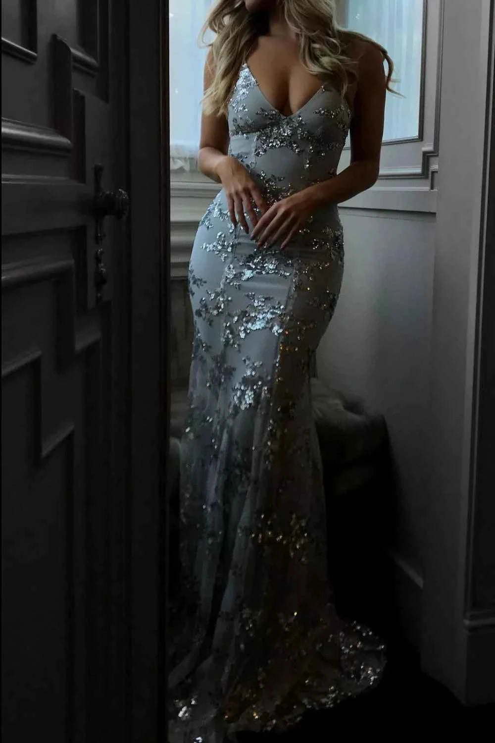 Full Size Sequin Tie Back V-Neck Maxi Dress Plus Size