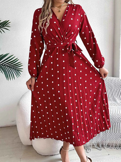 Front Tie Polka Dot Midi Pleated Dress