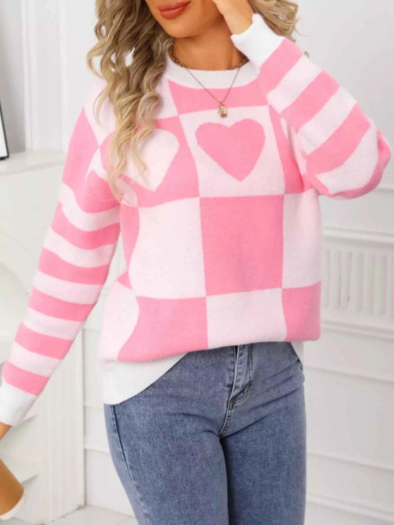 Heart Pattern Checkerboard Knit Sweater