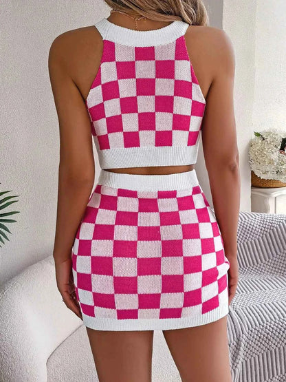 Checkered Grecian Neck Cami and Skirt Sweater Set