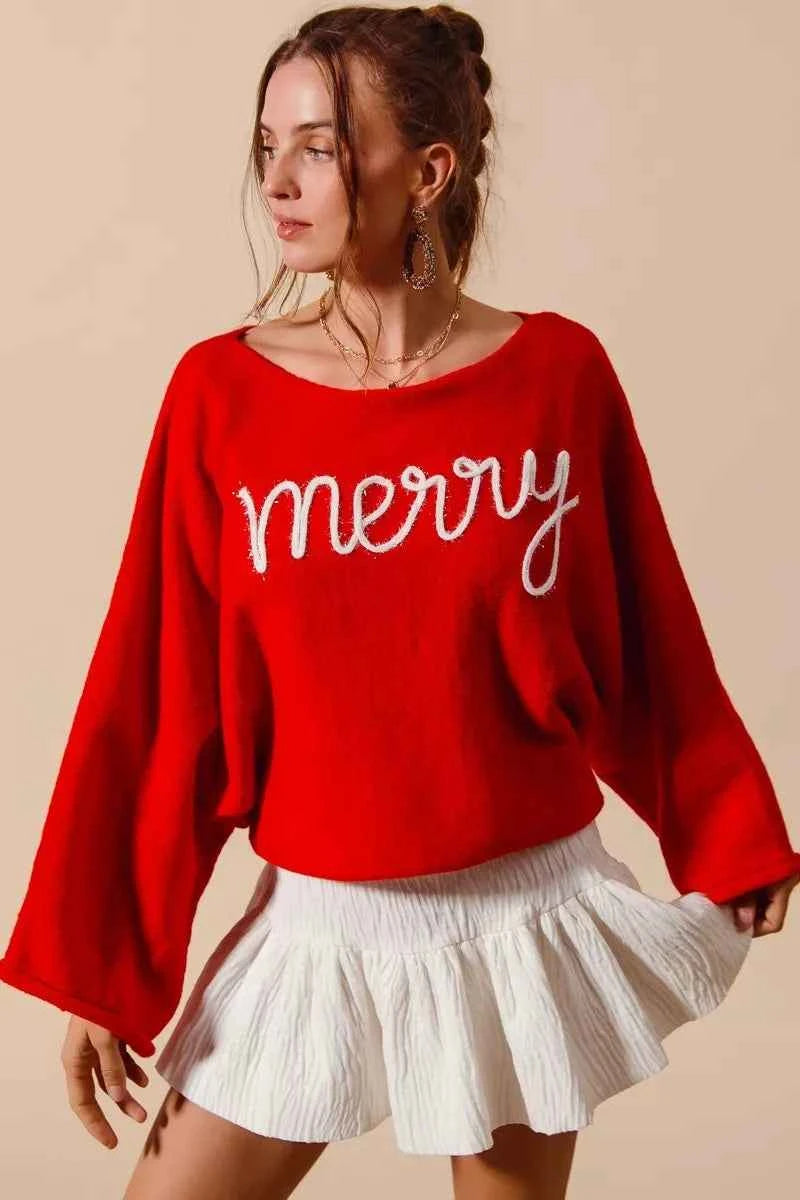SO ME Merry Tinsel Lettering Christmas Sweater Top