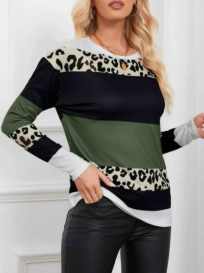 Leopard Color Block Striped Knit Top
