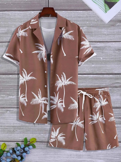 Men's Full Size Palm Print Button Up Shirt and Shorts Set Plus Size